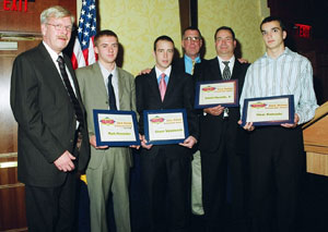 From left are Roger Young, plant manager, Delavan Spray Technologies, one of the scholarship sponsors%3B recipients Mark P. Hunsicker and Shawn A. Wasielewski, both Pennsylvania College of Technology students%3B Dan Holohan, a heating-industry icon who presented the winners%3B Dan Auciello, of Holtsville, N.Y., accepting an award on behalf of his son, Dan Jr., a student at SUNY Maritime College%3B and honoree Visar Djongalic, of Yonkers, N.Y., enrolled at Saunders Technical School.