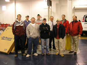 Front row, from left, are students Ryan C. and Shaun M. Osmolinski and Michael J. Woodley. Back row, from left, are students Joshua M. Yost, Wilmer L. Kuhns, Nicholas J. Baker%3B Leonard 'Flip' Filipkowski, associate professor of collision repair%3B and Gary J, Beck and Brian A. Moore, both from Nationwide Insurance.