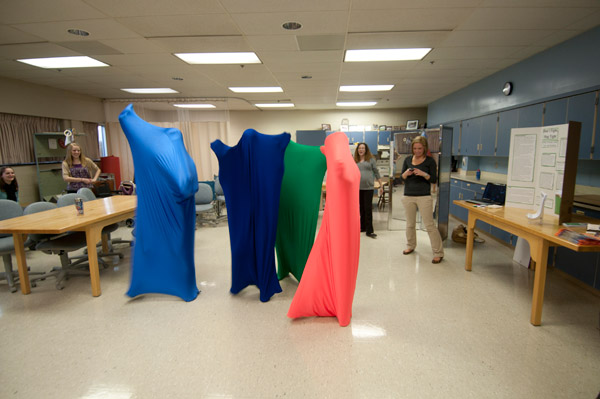 A demonstration of spacial sacks, used by occupational therapy assistants to aid clients with sensory processing disorders