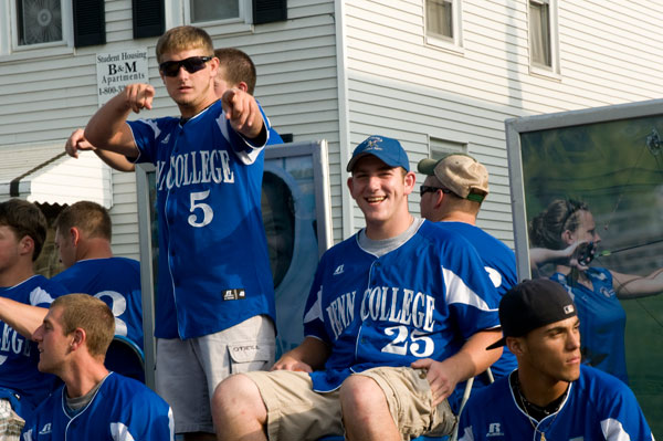 Penn College baseball players ham it up in the parade staging area.