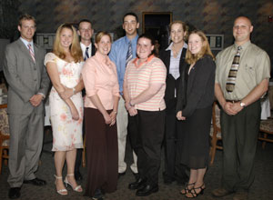 Presented with Penn College Awards on Thursday evening were, from left, Robert M. Krepshaw, Elysburg, information technology-web and applications development%3B Stefanie A. Beskovoyne, Lake Ariel, legal assistant%2Fparalegal%3B Alan J. Wertz, Danville, manufacturing engineering technology%3B Rachel S. Hall, Altoona, culinary arts technology%3B Jared A. Hoover, Hollidaysburg, construction management%3B LaNae J. Firster, Franklin, computer information technology-data communications and networking%3B Angela D. Rymer, Jersey Shore, business administration-marketing%3B Wendy Mertzeis, HC 1 Tionesta, technology management%3B and Thomas W. Cordell, Montoursville, applied health sciences-surgical technology. A 10th honoree - Julie M. Reppert, a mass media communication student from Myerstown - did not attend. (Photo by Phillip C. Warner, student writer%2Fphotographer)