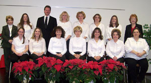 Practical nursing graduates, back row, from left%3A George Ann Foreman, instructor%3B Melody Jeffers%3B Eric Schewe%3B Eleen Lalka%3B Kim McElroy%3B Carla Martin%3B Christie Stanley%3B and Natalie O. DeLeonardis, coordinator, North Campus practical nursing. Front row, from left%3A Robin Bradford, Brittany Atkinson, Raquel Carleton, Barbara Manikowski, Judy Hesse, Carla May and Susan Bailey.