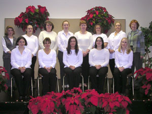 The first class of North Campus students in the new Practical Nursing curriculum gather with program officials. Front row (from left) are Sarah Holleran, Karen Stanley, Crystal Campbell, Alice Perry and Danielle Adams. Back row (from left) are George Ann Foreman (clinical instructor), Janelle Gorg, Deborah Lovenduski, Megan Getty, Christine Short, Lois Neal, Gail Burns and Natalie O. DeLeonardis RN, BSN (coordinator, North Campus Practical Nursing).