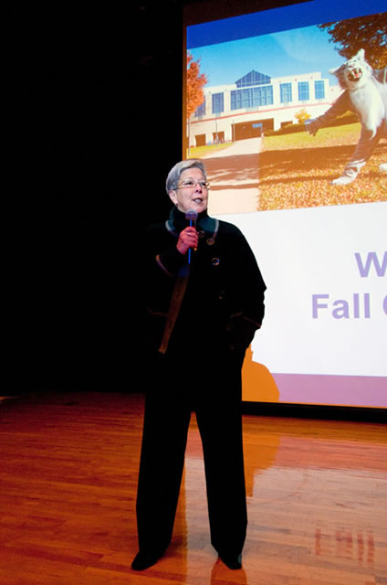 Penn College President Davie Jane Gilmour welcomes an ACC Auditorium crowd to a morning information session.