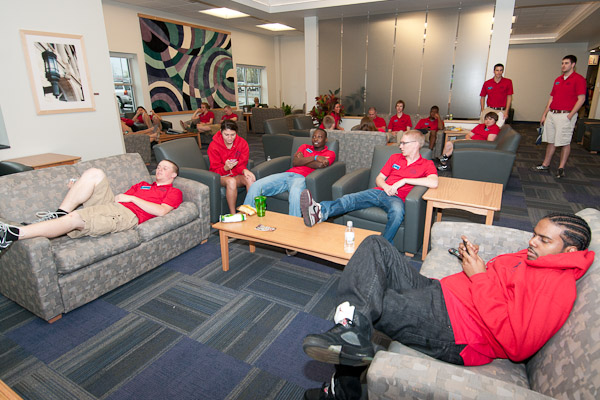 Resident Assistants enjoy the main lounge area in Dauphin Hall while awaiting their calls to duty.