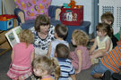 An expressive Barbara J. Albert, group leader for the Bunnies, takes her young listeners on an inspirational train ride