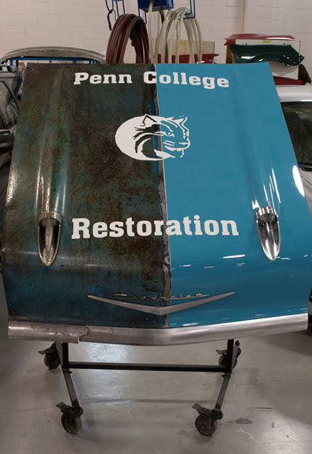 Part of a vintage automobile provides the perfect "vehicle" for promoting the School of Transportation Technology's automotive restoration technology major that begins this fall ...
