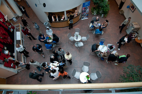 The open design of the Student and Administrative Services Center offers a unique overhead view of the busy first floor.