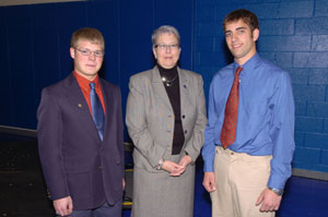 From left, Jesse H. Holdren of Ulster, the 2004 Peggy Madigan Memorial Leadership Scholarship recipient%3B Davie Jane Gilmour, Penn College president%3B and Steven A. Romano of Lewisburg, this year's scholarship recipient. (Photo by Joseph S. Yoder, news bureau manager)