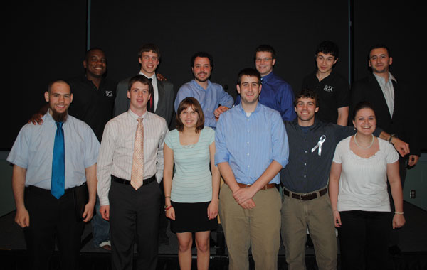 This year's SGA Senate assembles for a group photo in Penn's Inn. Back row, from left, are Shakeem Thomas, Integrated Studies; Tyler J. Frederick: Business and Computer Technologies; William C. Craig Cameron, Construction and Design Technologies; Kyle B. Mabry, Business and Computer Technologies; Michael Coletti, Wildcat Events Board;, and Christopher M. DiStasio: Intrafraternity Council. Front row, from left, are Aron T. Harmon, Natural Resources Management; Lewis D. Robinson, Hospitality; Alyse M. Poswiatowsky; Senate Speaker, Kyle S. Baker, Construction and Design Technologies; James P. Romano, Construction and Design Technologies; and Kaitlyn M. Kennedy, Business and Computer Technologies. 