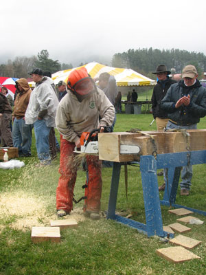 Penn College's Shannon L. Emig, saws her way to a first-place finish, as Dennis F. Ringling, professor of forestry, offers encouragement.