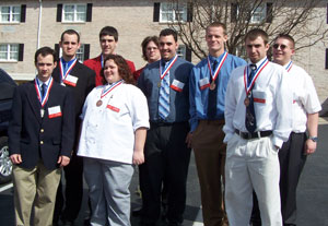 The nine recent SkillsUSA medalists from Pennsylvania College of Technology are, from left, Andrew J. Rosenbaum, second place, Residential Wiring%3B Carl F. Gravely, second place, Industrial Motor Control%3B Daniel D. Graybill, first place%3B Job Skills Demo%3B Annie M. Kinney, third place, Commercial Baking%3B Matthew A. Treaster, first place, Technical Drafting%3B Matthew A. Lamberti, first place, Carpentry%3B Adam C. Burke, third place, Cabinetmaking%3B Micah J. Benshoff, third place, Automotive Collision Repair%3B and Thomas A. Hendershot, first place, Internetworking.
