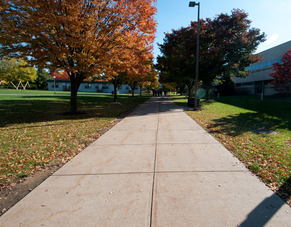 The east-west sidewalk leading to the Bush Campus Center is bathed in sunshine, under a colorful canopy of foliage.