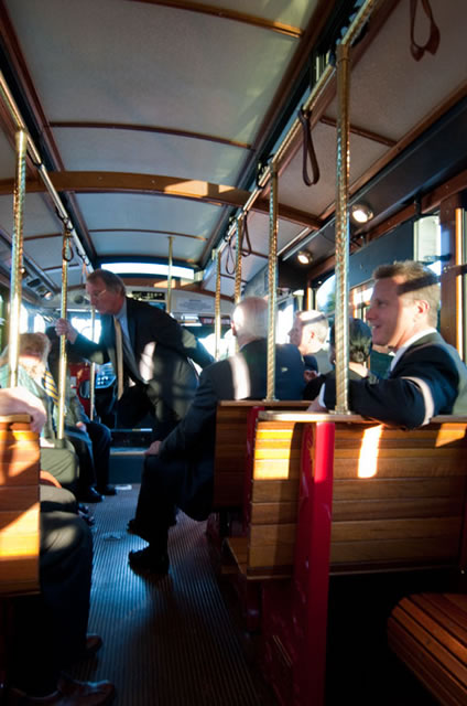 Senior Vice President William J. Martin leads a Friday campus tour aboard a River Valley Transit trolley.