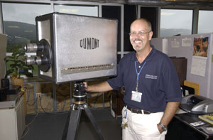 Randall K. Curry, Penn College media specialist, with prop camera he helped assemble for a local theatre production. (Photo by Joseph S. Yoder, news bureau manager)
