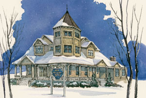 Penn College notecards feature a collection of watercolors by Frederick T. Gilmour  III, professor emeritus and alumnus, including this wintry view of the Victorian House.