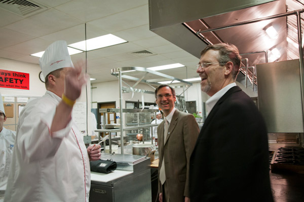 Chef Endy shares a laugh with Fred Becker, dean of hospitality, and Paul L. Starkey, vice president for academic affairs/provost, in the kitchen just before the fundraising dinner that capped Endys visit to campus.