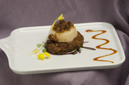 The amuse course: Barbeque oxtail with plantain-crusted sea scallop