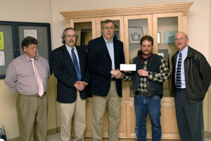On hand for a recent check presentation on behalf of Pennsylvania College of Technology construction students are, from left, Marc E. Bridgens, assistant dean of construction and design technologies%3B Tom F. Gregory, dean of construction and design technologies%3B Ray Venema, owner of Susquehanna Builders Inc.%3B Bernard A. %22Barney%22 Kahn IV, instructor of building construction technology%3B and Walt D. Nyman, the college's director of general services and an executive officer of the West Branch Susquehanna Builders Association.