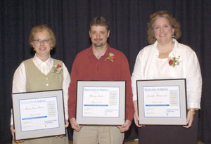 Distinguished Staff Award winners are, from left, Mary Jane Baier, Classified%3B Barry L. Loner, Service%3B and Jennifer L. Hammond, Administrative, Professional and Technical.