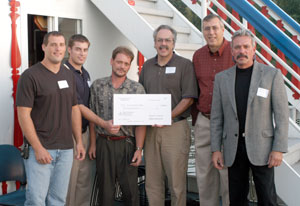 From left are Steven S. Sechrist of Sechrist Construction, a 1998 Penn College graduate and president of the West Branch Susquehanna Builders Association%3B Thomas A. Fedor of Whitehall, a residential construction technology and management major who again will compete in Orlando%3B Bernard A. 'Barney' Kahn, instructor of building construction technology and adviser to the Penn College Construction Association%3B Tom Gregory, the college's dean of construction and design technologies%3B Ray Venema of Susquehanna Builders Inc., second vice president of the West Branch group%3B and Richard L. Druckenmiller, building construction technology instructor and former PCCA adviser.