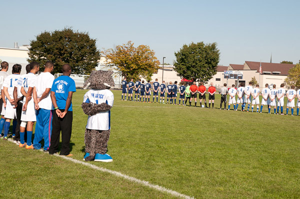 Prior to the men's game, the Wildcat honorably joins the soccer teams for the national anthem.