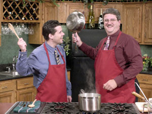 Co-hosts Tom Speicher (left) and Chef Paul Mach have some fun on the set of public television's 'You're the Chef.'