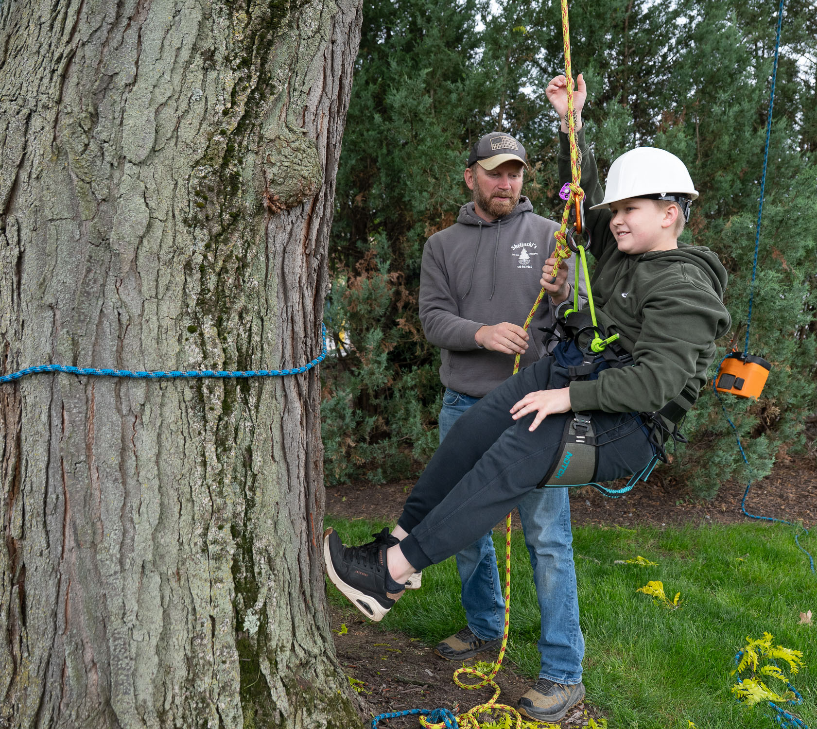 A Penn College instructor spots a student who is wearing a hard hat while sitting in a harness suspended from a tree limb.