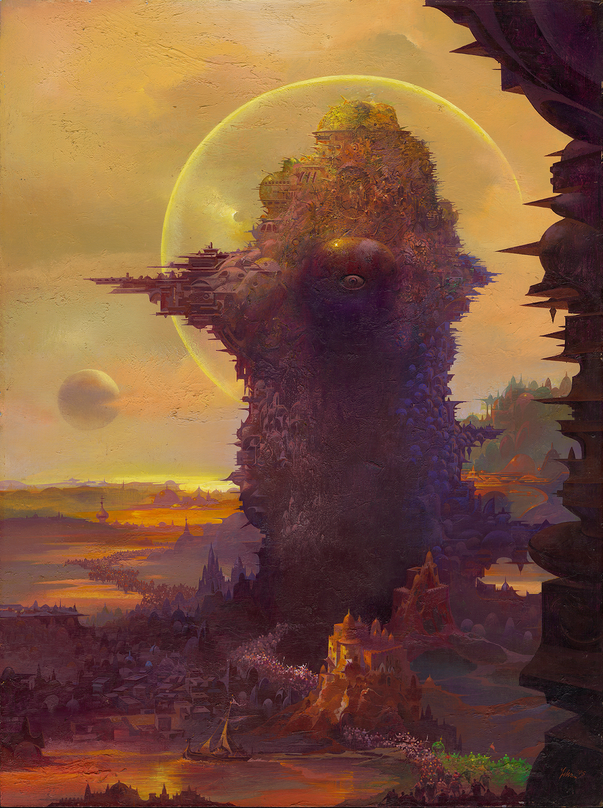 Paul Lehr's "March at the Butte" painting shows an otherwordly landscape with planets visible in a yellowish sky in the background.