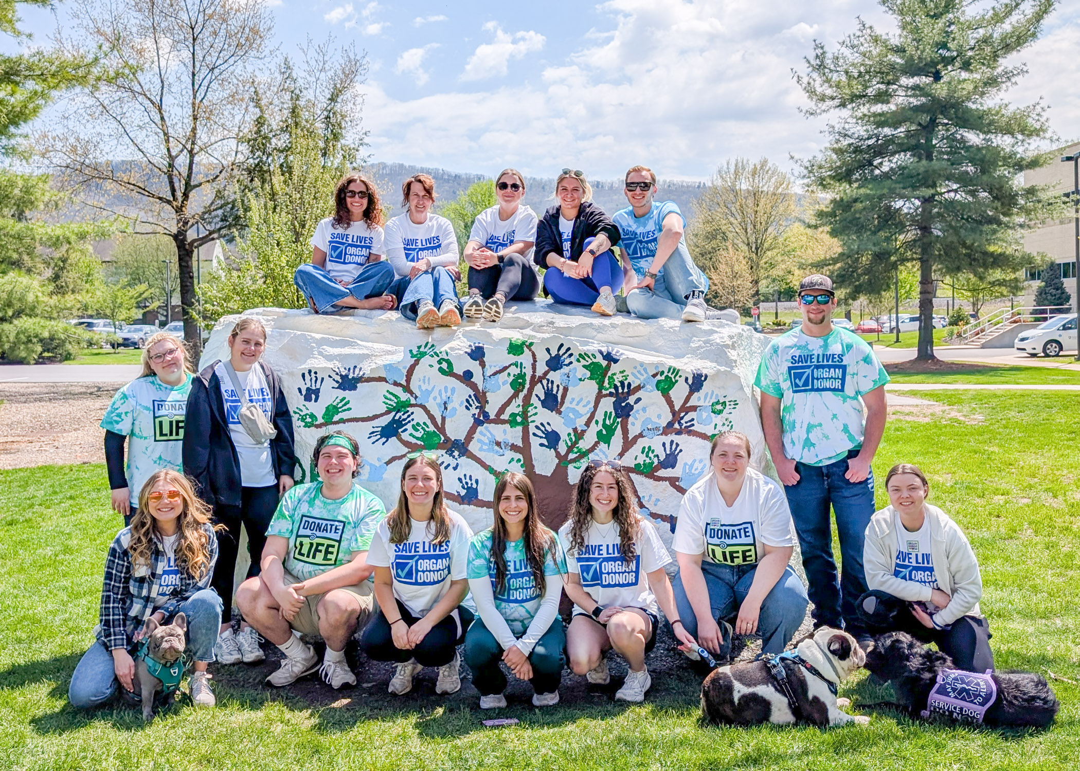 Fourteen Penn College students, a faculty member and three dogs sit and stand in front of and on top of a large boulder on the Penn College campus. Atree painted on the boulder has leaves that are blue and green hand prints. All the people are wearing Donate Life T-shirts.