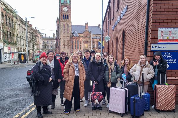 The group prepares for its March 14 flight to Philadelphia in a photo provided by Bronagh Fikri (second from left, on hand for a proper sendoff). She is North West Regional College’s European and international projects officer, whose 2018 visit to Penn College ultimately led to the cultural exchange.