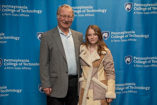A longtime patron of the college (and a former senior administrator), William J. Martin poses with scholarship recipient Emma Jean Bower, a graphic design student from Montoursville. Bower is recipient of the Harvey A. Martin Memorial Scholarship.  