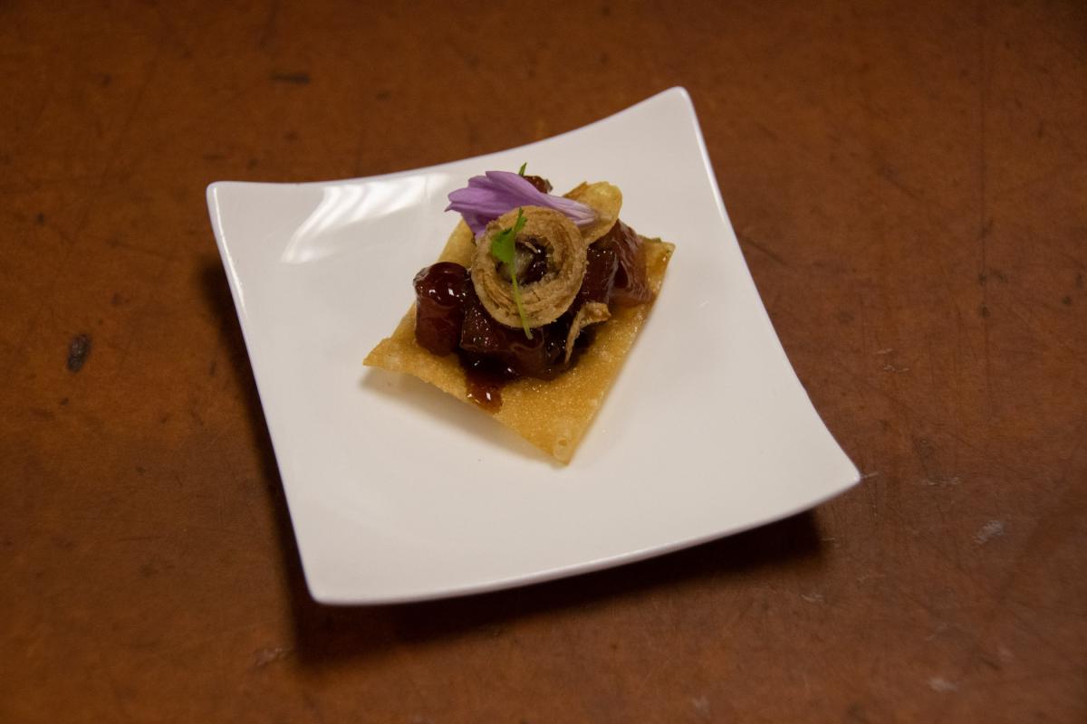 Hors d’oeuvre, anyone? Tuna tartare with soy, crispy shallot and micro cilantro.
