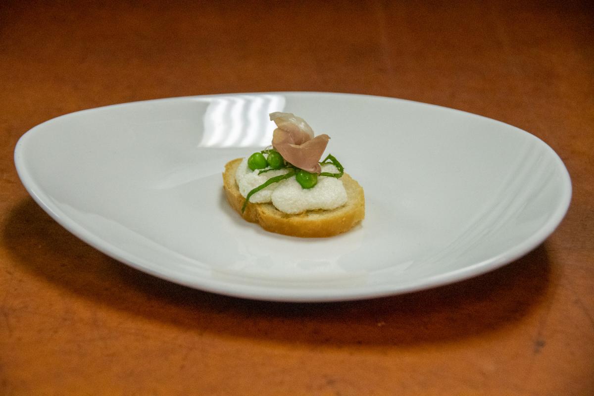 Another hors d’oeuvre offering: fresh pea and ricotta crostini with prosciutto, aged balsamic and mint
