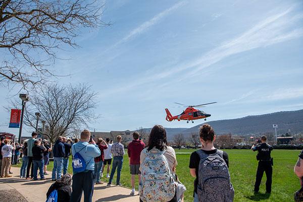 A Dolphin helicopter, flown from Atlantic City, N.J., by the U.S. Coast Guard, departs Pennsylvania College of Technology during the inaugural Wildcat Rotorfest, held April 11.