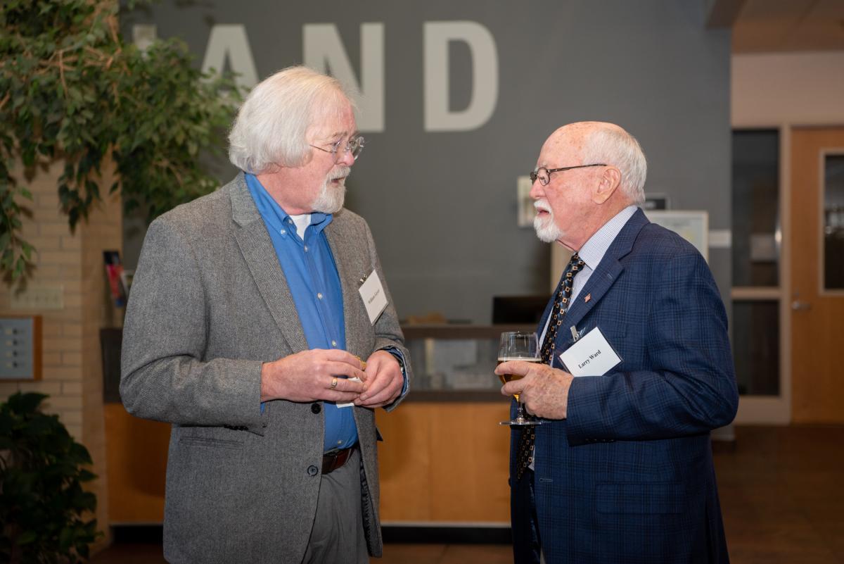 A meeting of student-focused benefactors: William F. Geyer (left) and Larry A. Ward. Geyer retired a decade ago as an assistant professor of building construction technology; Ward is an award-winning alumnus whose 2020 donation turned outdated instructional space into the Larry A. Ward Machining Technologies Center.