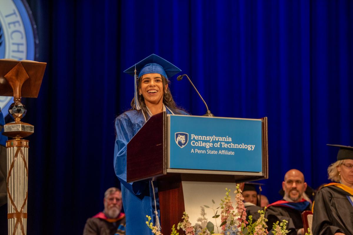 The audience catches a high-wattage smile from Friday's effervescent student speaker, who – through a childhood memory of a hibiscus flower in her native Puerto Rico – reminded classmates of the unique role they play in one another's lives. "You are here for your graduation because you had the courage, strength and support to make it this far," Rivera Matos said. "I hope every single one of you can look back and see why it was so important to work so hard all of these years and gain the confidence you did."