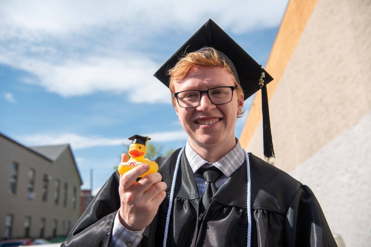 A lucky duck mascot! Kocsis carried this in his pocket across the stage. Given to him at his high school graduation, he has even taken it on vacations. 