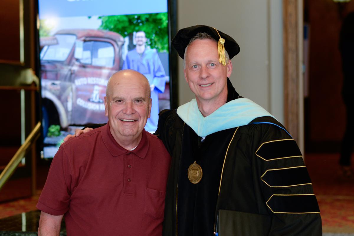 Mike Reid (left), meet Mike Reed! College President Michael J. Reed was born the year that the "other Mike" – in town for his grandson's Friday commencement – graduated from Williamsport Area Community College.