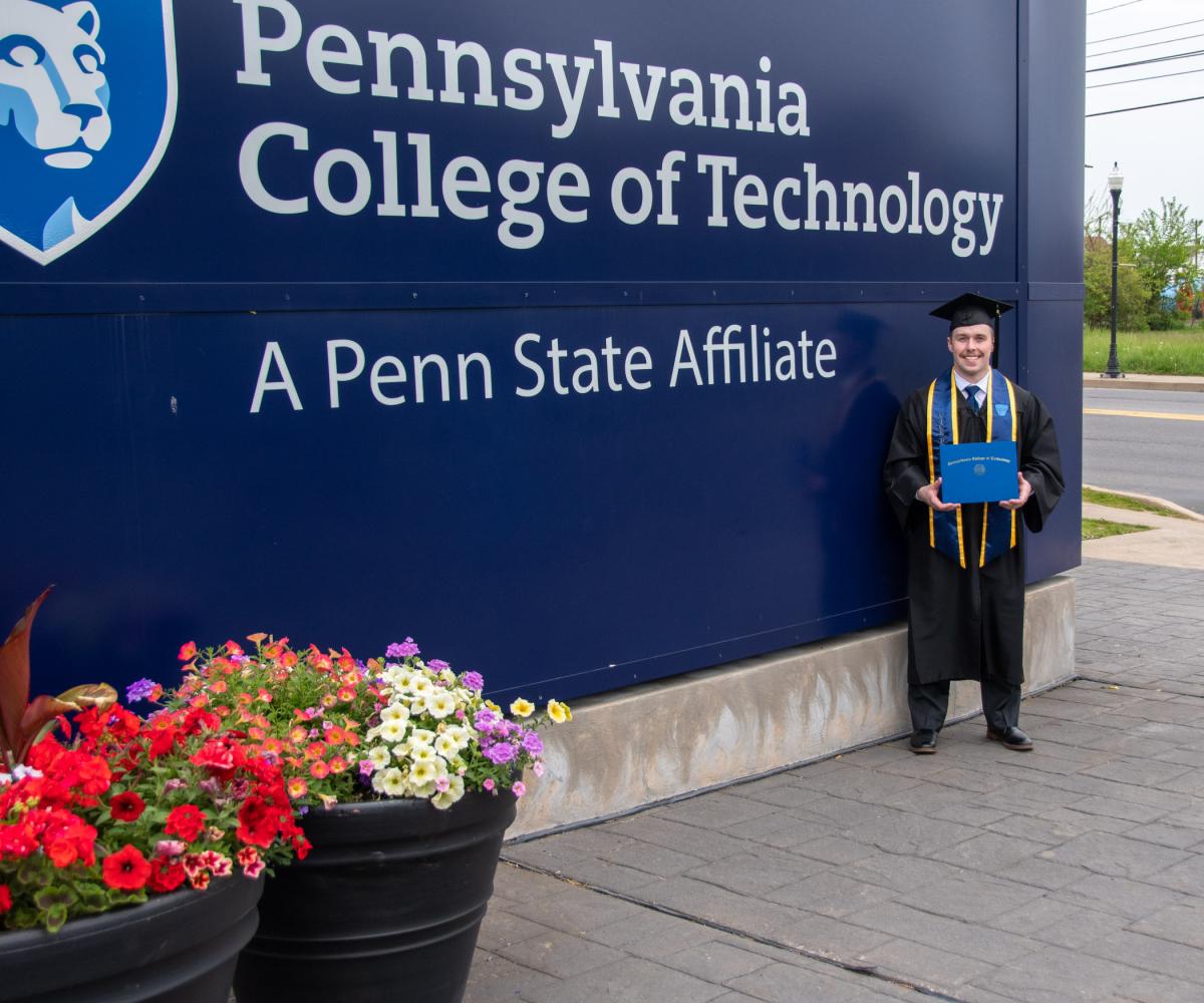 With a Society of Plastics Engineers stole that perfectly matches the college’s main entrance sign (and denotes his role as vice president), James E. Drinkwater celebrates his bachelor’s in plastics & polymer engineering technology.