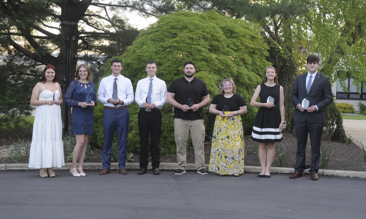 The newest recipients of the Dr. Davie Jane Gilmour Award for Leadership & Service to Penn College are (from left) Amanda F. Ritter, Sydney M. Telesky, Dean R. Fulton, Dylan F. Ceschini, Nathaniel L. Caputo, Lauryn A. Stauffer, Abigail E. George and Michael J. Sormilic.
