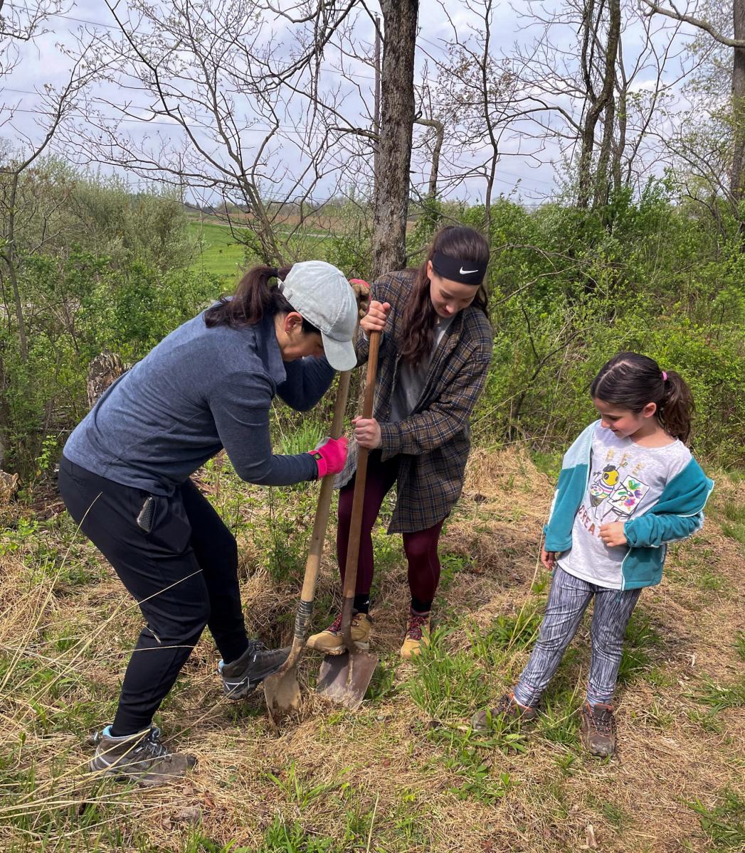 Ziva supervises the two-shovel technique of her mother (left) and Dariychuk.