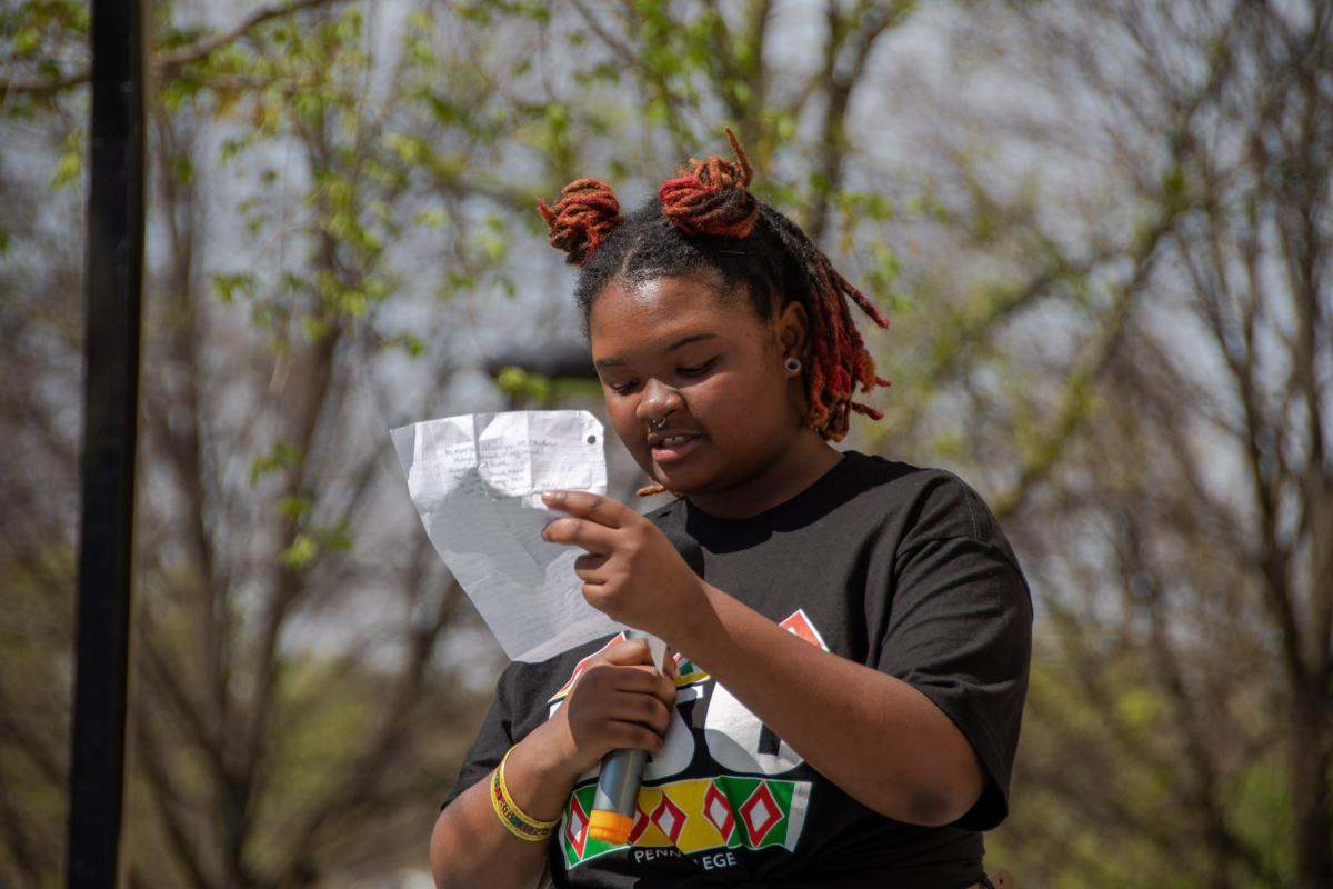 Khamil George, a student in automotive technology management: automotive technology concentration, reads her poem “I Love Me Some Me.” George is from Harrisburg.