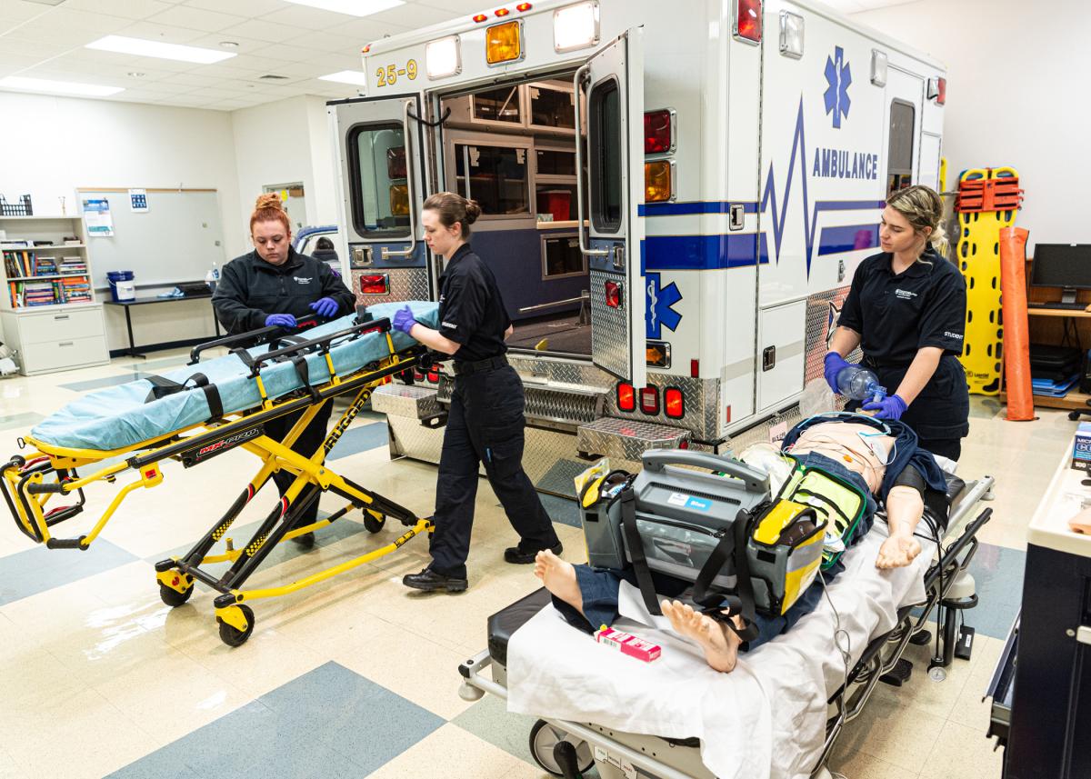 Pennsylvania College of Technology students gain hands-on experience in the college’s Paramedic Lab. The Penn College paramedic program’s accreditation was recently extended by the Commission on Accreditation of Allied Health Education Programs.