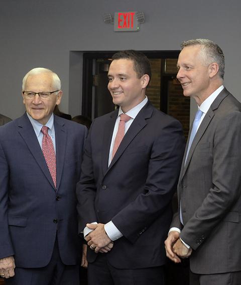 Kevin Sunday (center), director of government affairs, Pennsylvania Chamber of Business and Industry, joins Sen. Gene Yaw (left) and President Michael J. Reed prior to Thursday's hearing. 