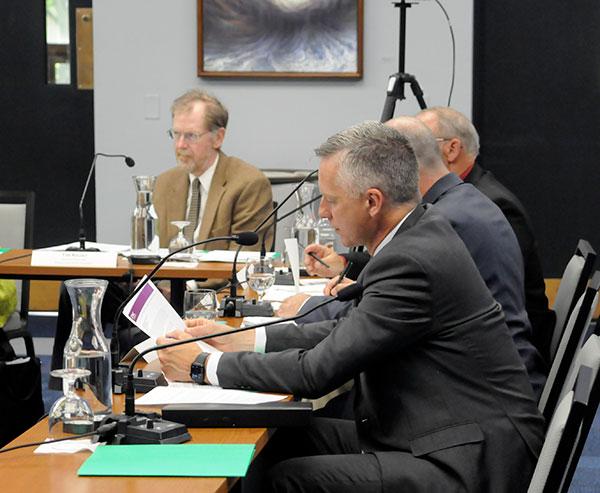 Reed (foreground) and board members intently follow the testimony. With the president (clockwise from left) are Timothy Kelsey, from Penn State; state Rep. Dan Moul (R-Gettysburg); and Darrin Youker, the governor's representative on the center's board.