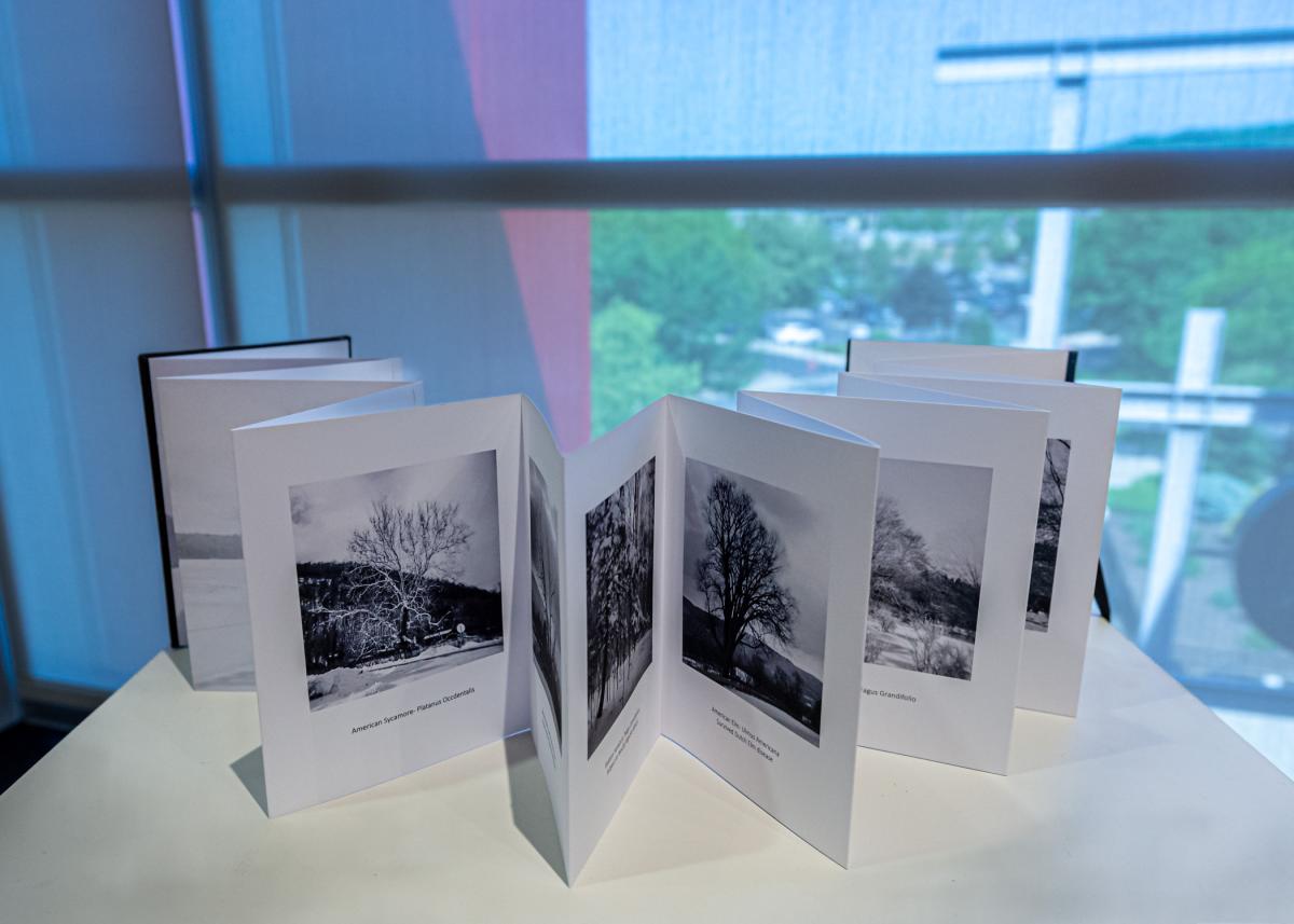 A close-up of Judy O’Dell’s accordion book incorporates black-and-white images in a handmade volume ...