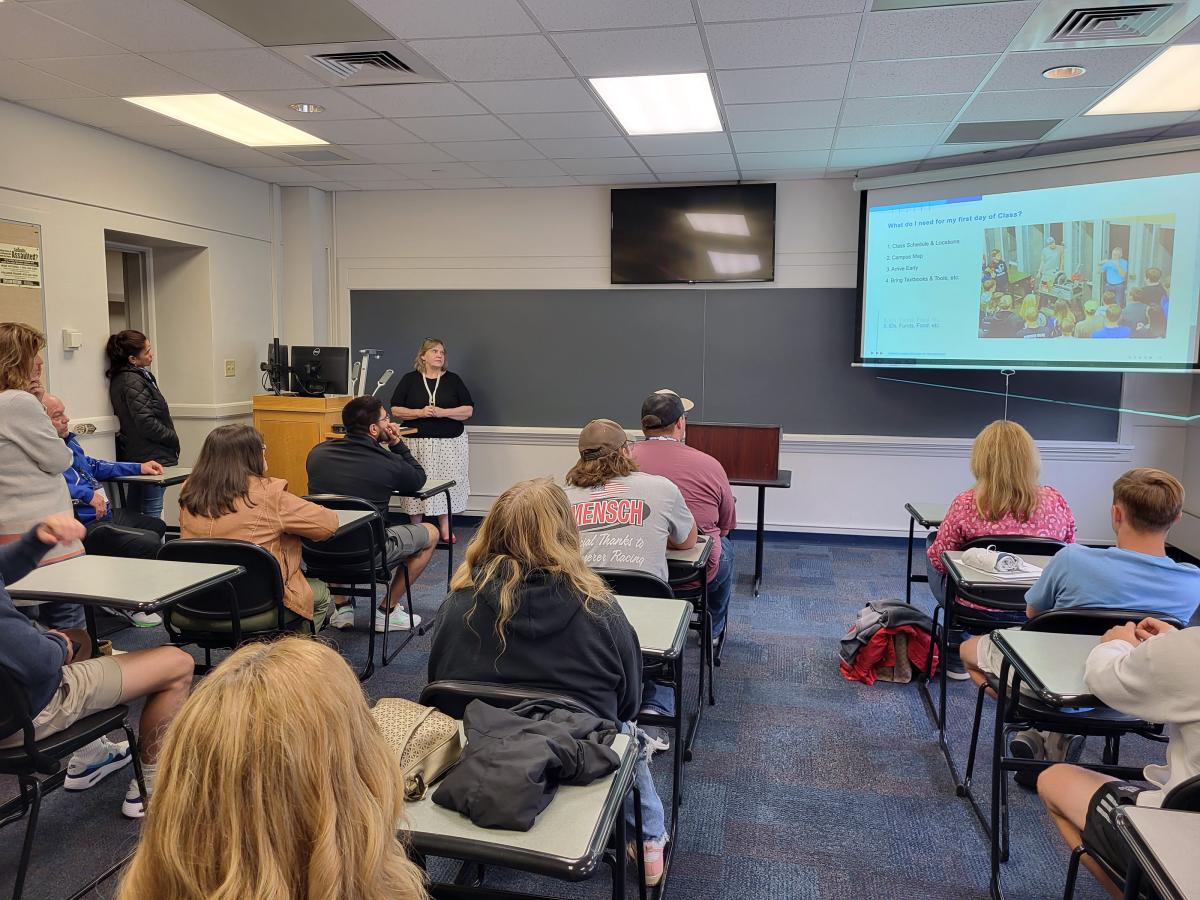 Ellyn A. Lester, assistant dean of construction and architectural technologies, discusses with a packed house the ins, outs and expectations of students in her division's "built environment" majors. 