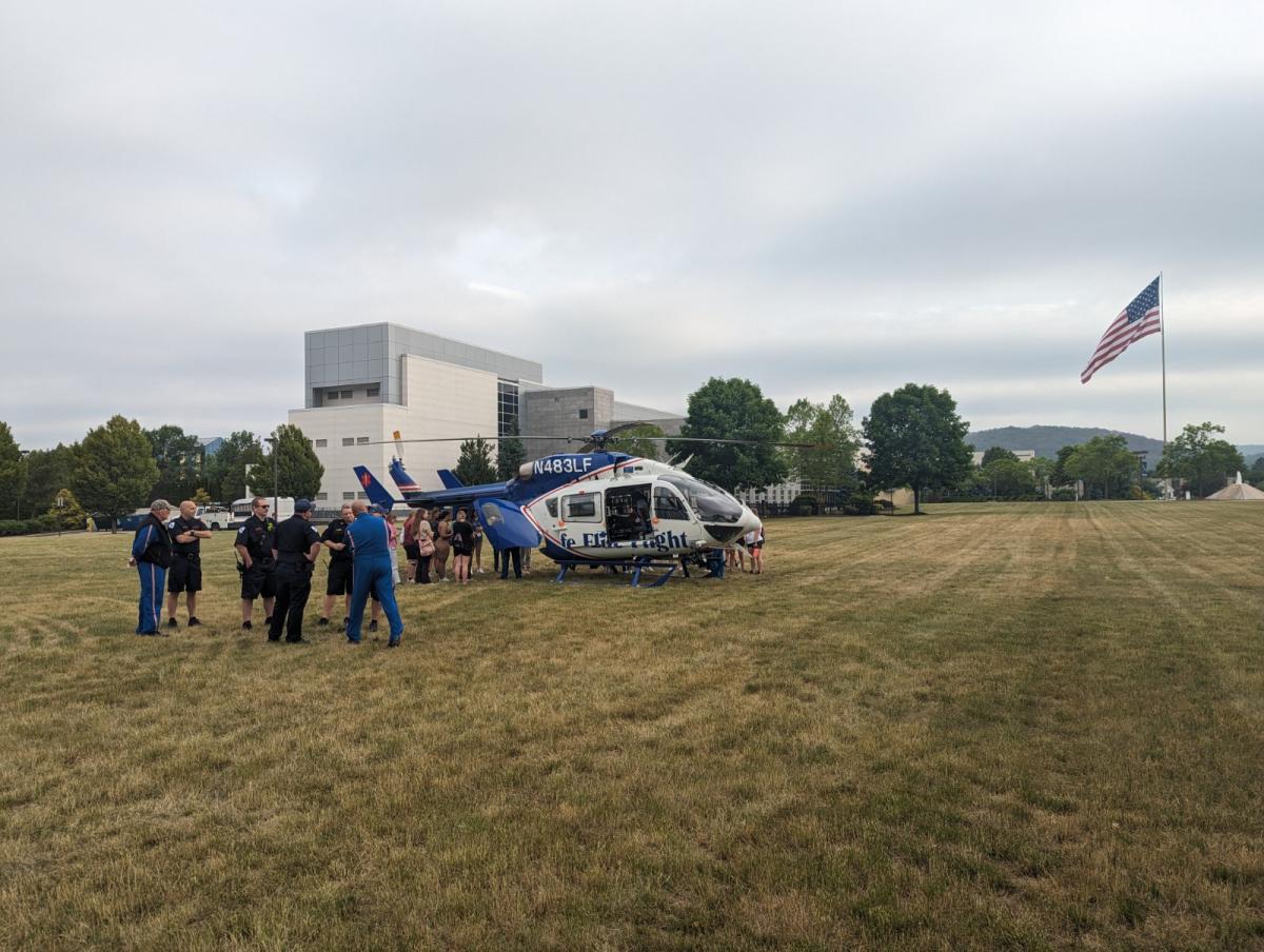 Geisinger’s Life Flight crew makes a landing on the Madigan Library Lawn for an interactive lesson with participants of the Health Careers program. (Photo by John A. Nappi, paramedic programs coordinator)