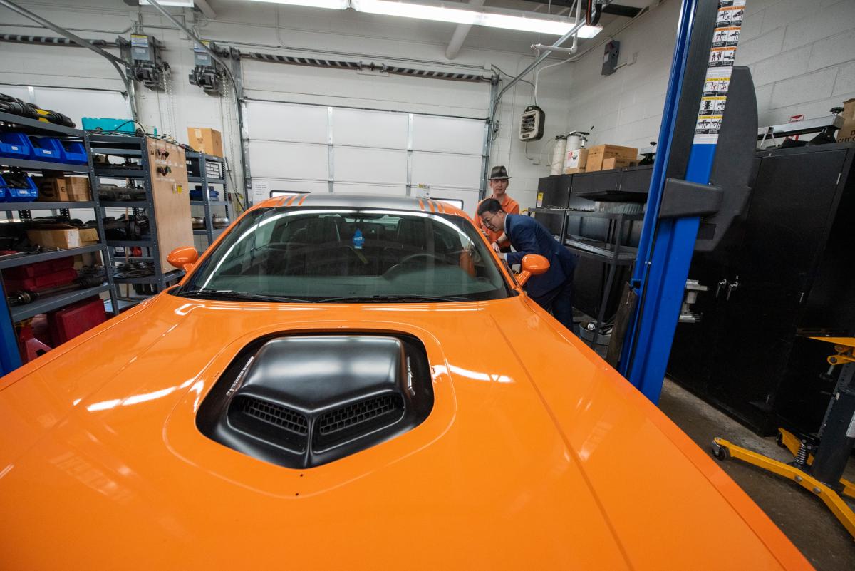Time in the automotive lab gives Liu a peek at his favorite automobile: a Dodge Charger.